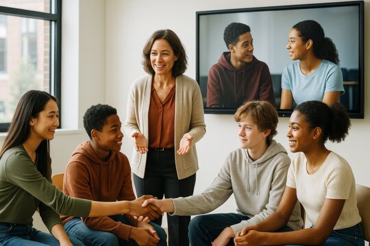 Group of diverse teenagers in classroom shaking hands during social interaction session with teacher smiling in background on bright light background. Ai generative