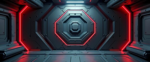 Futuristic octagon shaped spaceship door with glowing red neon lights, high tech spaceship background 4k interior design