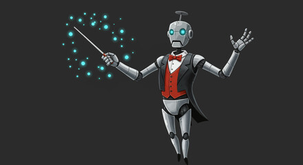 Elegant Robot Magician with Wand and Bowtie Performing Magic.