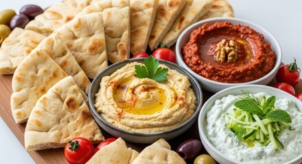 Mediterranean Mezze Platter with Bread and Dips.