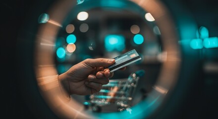 Fototapeta premium Seamless Shopping: Single Hand Balances Card and Phone with Luminous Cart