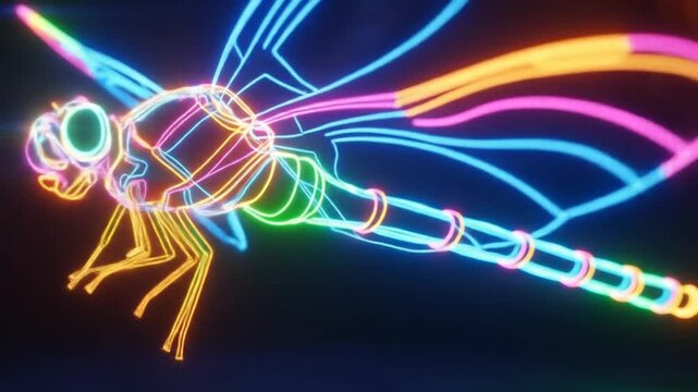 Neon Dragonfly Flying in Dark, Vibrant Light Art.