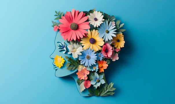 Fototapeta Mental health awareness campaign image featuring a paper cutout of a woman's head filled with flowers against blue background. The design highlights themes of well-being, self-care, Generative AI