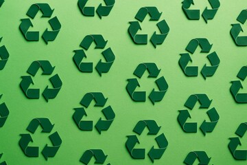 Obraz premium Recycle symbols arranged in seamless pattern on light green background promoting eco-friendly sustainable concept in creative graphic layout. Ai generative