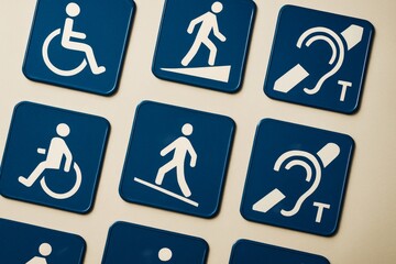 Accessibility and disability icons in blue squares arranged on a light background, representing inclusive design and support symbols. Ai generative