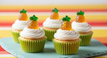 Pineapple cupcakes with white frosting and gummy pineapple candies on a colorful background