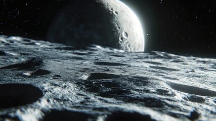 A view of the moon's surface, showing craters and rocky terrain - Powered by Adobe