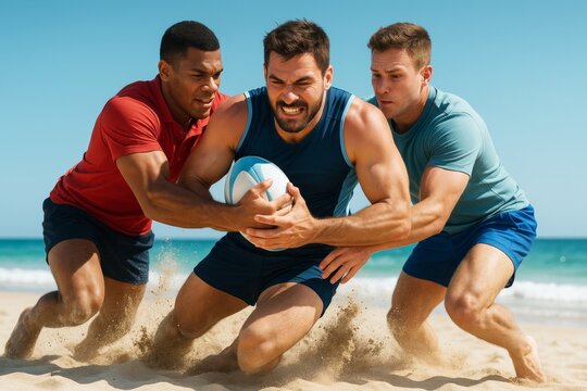 Intense beach rugby match with three athletic men tackling and competing in a dynamic scene under bright daylight near ocean waves. Ai generative