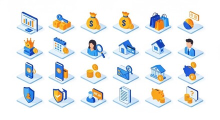 Fototapeta premium Isometric finance banking business investment money management vector icon set illustration design