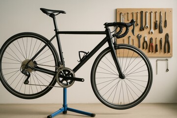 Black road bike on repair stand in workshop with organized tools on wall, minimal light background, sport maintenance concept. Ai generative