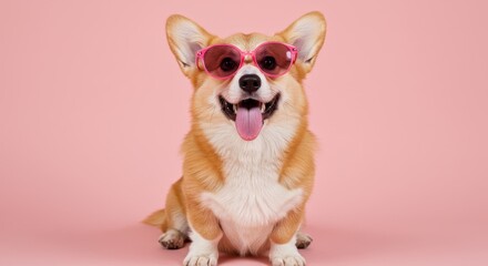 Cute Corgi Dog Smiling and Wearing Pink Sunglasses
