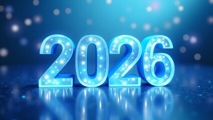 Bright blue background with illuminated numbers 2026 hanging above a sparkling atmosphere