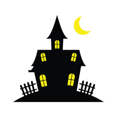 Spooky haunted house silhouette with moon vector illustration for Halloween isolated on white background