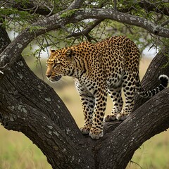 Leopard perched elegantly in tree observing its surroundings on safari adventure