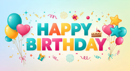 Colorful Happy Birthday greeting design with festive typography, balloons, cake, and confetti. Cheerful celebration vector illustration background.