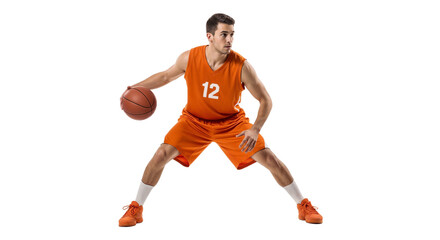 Fototapeta premium Basketball player in orange uniform dribbling on court with focus during a game