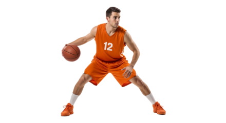 Basketball player in orange uniform dribbling on court with focus during a game
