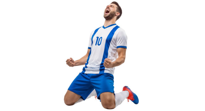 Excited soccer player celebrating a goal during a match in a bright stadium environment