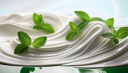 Creamy White Waves With Fresh Green Mint Leaves On Smooth Surface