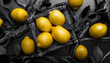Fresh Bunch Of Bright Yellow Lemons In Selective Color Contrasting With The Black And White Branches And Leaves Around Them