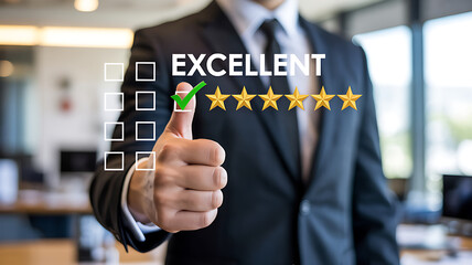 Businessman giving excellent rating with five stars and thumb up gesture