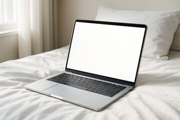 Modern laptop with blank white screen placed on cozy white bed in soft natural light, perfect for work-from-home or digital lifestyle concept scene. Ai generative