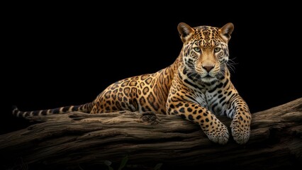 Obraz premium Majestic Jaguar Resting on a Log at Night.