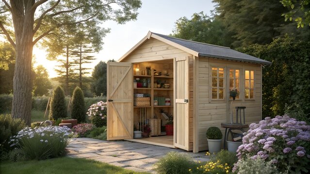 Charming wooden garden shed with open doors inviting you to explore gardening tools and supplies bathed in the warm glow of a summer sunset