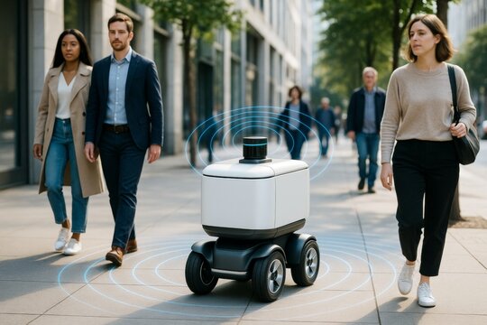 Autonomous delivery robot navigating urban sidewalk with pedestrians around, showcasing smart technology concept in modern city environment. Ai generative