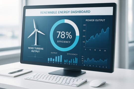 Renewable energy dashboard showing wind turbine output and efficiency metrics on computer screen in modern office with bright light background. Ai generative