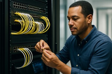 IT professional connecting network cables to a data server rack in a modern tech environment with bright background light. Ai generative. Ai generative