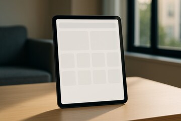 Fototapeta premium Blank tablet screen mockup on wooden table in modern room with natural daylight and soft shadows from window for app or website presentation.