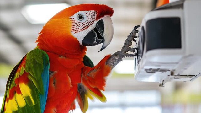 A bright-colored parrot sits on its perch next to a modern kitchen appliance, perfect for illustration or design