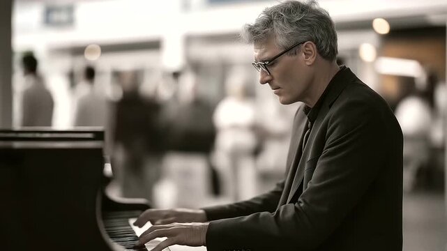 musician performing impromptu piano piece at public train station crowd watching spontaneous art energy three quarter wide angle cinematic color correction gentle backlight