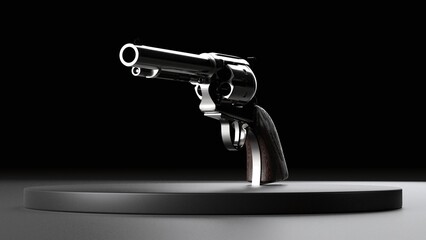 3d render of classic revolver handgun with wooden grip on dark background