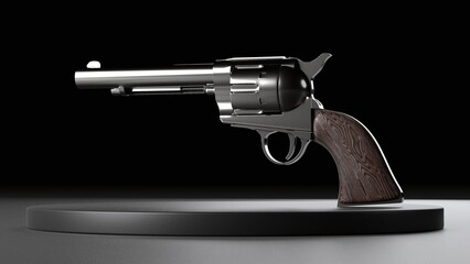 3d render of classic revolver handgun side view with wooden grip on dark background