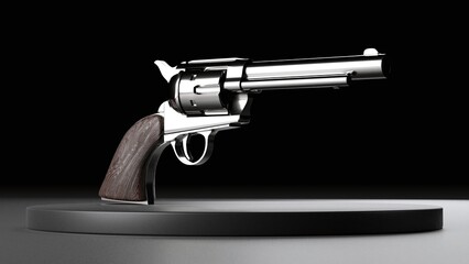 3d render of polished revolver handgun with wooden grip on black background