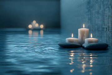 peaceful spa scene with candles and soft blue water reflections creating a serene mindful experimental atmosphere
