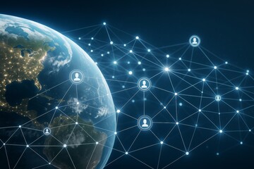 Global digital network connection concept with glowing user icons and Earth from space on dark blue background with futuristic technology light dots.