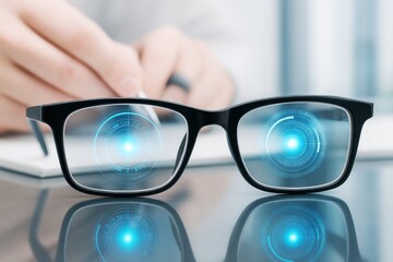 Futuristic smart glasses with digital HUD interface showing blue holographic data on transparent lenses placed on reflective surface indoors.