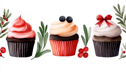 christmas cupcake watercolor clipart. Festive holiday treat graphic hand painted cake art watercolor dessert image for yuletide card xmas party invite sweet food illustration season