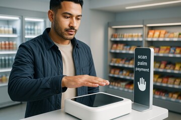 Man using palm scan payment at self-checkout station in modern store, showcasing biometric technology concept on bright retail background. Ai generative