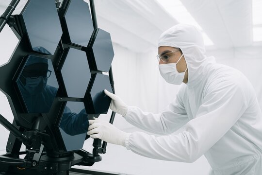 Scientist in sterile suit working on futuristic hexagonal mirror technology in high-tech laboratory with sleek white abstract background. Ai generative