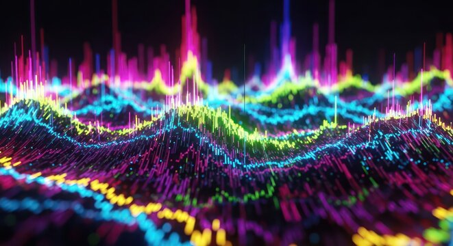 Vibrant Digital Soundwave Landscape Visualization.