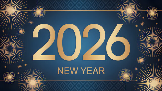 Celebrating 2026 New Year.Elegant card for event with abstract golden fireworks and golden numbers on blue background