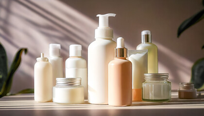 Close-up view of skincare and cosmetic product mockups, including serum bottles, cream jars, and facial cleanser tubes, arranged on a clean minimalistic background with soft natural lighting