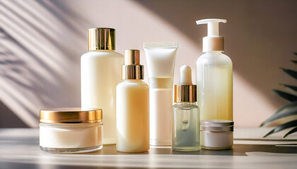 Close-up view of skincare and cosmetic product mockups, including serum bottles, cream jars, and facial cleanser tubes, arranged on a clean minimalistic background with soft natural lighting
