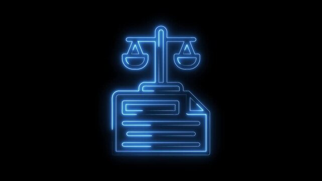 Neon justice scales legal document representation law firm compliance and business ethics