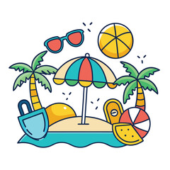 Summer beach icon set with palm tree sun umbrella and ocean elements