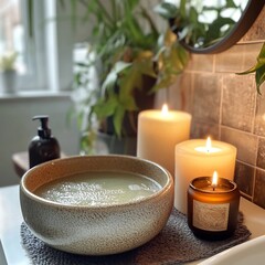 Aesthetic bathroom interior with candles, soap dispenser, and plants creating a relaxing and spalike atmosphere at home